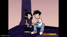 a cartoon of a boy and a girl holding hands with the nicktoons logo visible