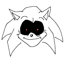 a black and white drawing of a sonic the hedgehog with red eyes and a smiling face .