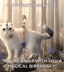 taylor swift is riding a cat with a unicorn horn on its head .