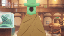 a green object with a hole in it is in a room