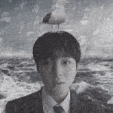 a man with a seagull on top of his head