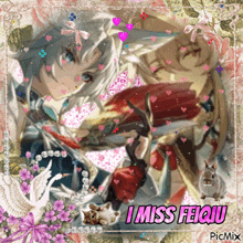 a picture of two anime characters with the words " i miss feiqiu " on the bottom