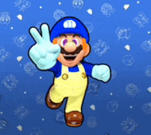 a cartoon character wearing a blue hat and overalls is giving a peace sign .