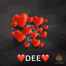 a blackboard with red hearts and the words happy valentines day dee