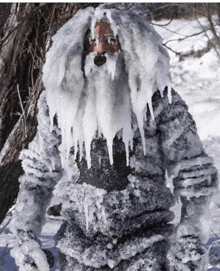 a man is covered in ice and has icicles hanging from his head