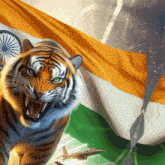 a painting of a tiger in front of a flag of india