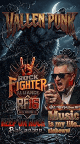 a poster for vallen punk rock fighter alliance with a man singing into a microphone