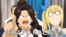 a group of fairy tail characters are standing next to each other and one of them is pointing at another person .
