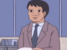a cartoon of a man with a beard and a purple jacket .