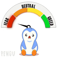 a cartoon penguin is sitting under a gauge that says neutral