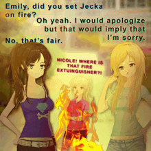 two anime girls are standing next to each other with the words emily did you set jecka on fire on the bottom