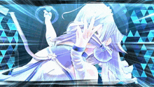 a drawing of a girl with white hair and a blue background