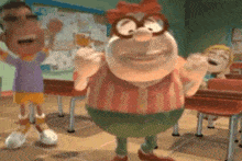 a cartoon character is standing in a classroom next to a boy and a girl .