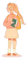 a girl in a pink sweater is holding a book and a yellow backpack