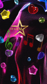 a star fm logo is surrounded by gems and music notes