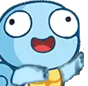 a close up of a cartoon character with big eyes and a yellow shirt on a white background .