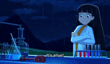a cow in a lab coat is standing in front of a table with test tubes