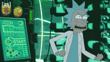 rick from rick and morty is standing in front of a start button