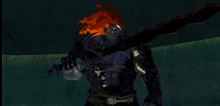 a video game character with flames coming out of his head and a sword