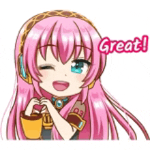 a cartoon girl with pink hair and blue eyes is holding a heart and saying `` great '' .