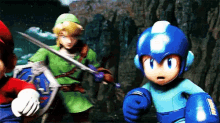 a video game character holding a sword stands next to another character