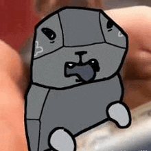 a cartoon drawing of a dog sitting on a person 's hand .