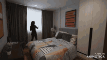 a woman is standing in a bedroom with the words made in animatica on the bottom right