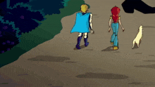 a man in a blue cape and a woman in a red top walk down a path with a dog