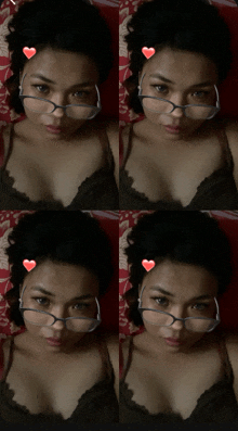 four pictures of a woman wearing glasses with hearts on her faces