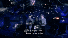 a group of people are standing in a dark room with the words they were destroyed
