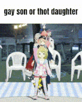a group of anime characters standing next to each other with the caption gay son or thot daughter .
