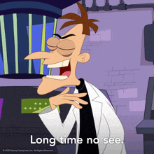 a cartoon character says " long time no see " in a purple room