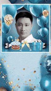 a man 's face is surrounded by balloons and a cake