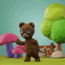 a brown teddy bear wearing sunglasses is standing in a field