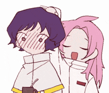 a drawing of a girl with pink hair standing next to a boy with purple hair