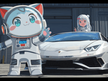 a cartoon character standing next to a white car that says nm on it