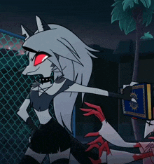 a cartoon character with red eyes is holding a book