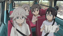 a group of anime girls are sitting in the back of a car