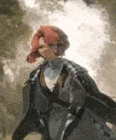 a drawing of a girl with red hair and a white shirt that says ' a ' on it