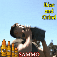 a man is drinking from a bottle with the words rise and grind written above him