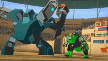 two robots are fighting each other in a stadium in a cartoon .