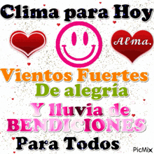 a picture with a smiley face and hearts that says clima para hoy