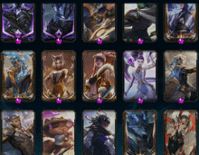 a bunch of cards with purple gems on them