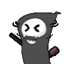 a cartoon grim reaper with a skull on his head is holding a bat .