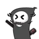 a cartoon grim reaper with a skull on his head is holding a bat .