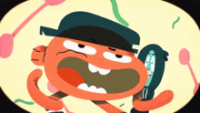 a cartoon of a man with a hat and a green face
