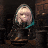 a girl in a video game sitting at a table with a bowl of food