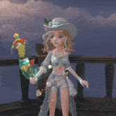 a girl in a white hat is holding a cane