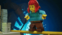 a lego figure with red hair and a blue shirt