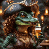 a crocodile in a pirate hat holds a glass of beer